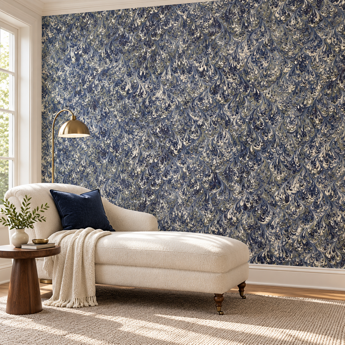 Indigo Plume, peel and stick wallpaper styled on a feature wall
