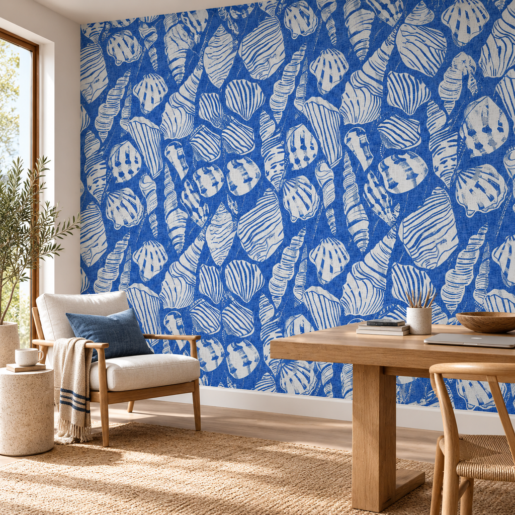 Indigo Shellscape, peel and stick wallpaper styled on a feature wall