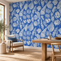 Indigo Shellscape, peel and stick wallpaper styled on a feature wall