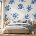 Indigo Succulents, peel and stick wallpaper styled on a feature wall