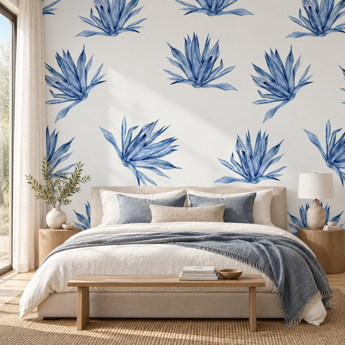 Indigo Succulents, peel and stick wallpaper styled on a feature wall