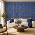 Indigo Weave, peel and stick wallpaper styled on a feature wall
