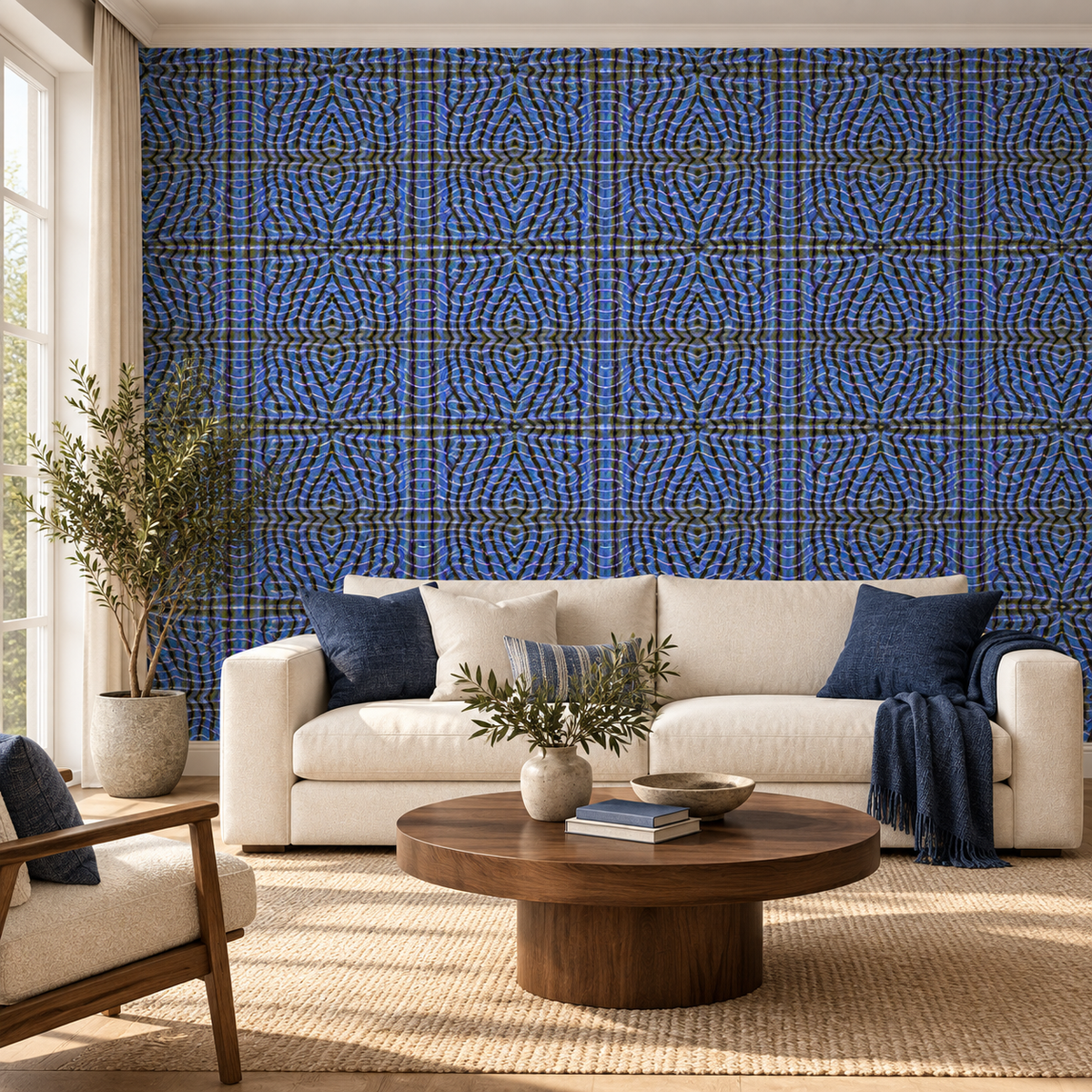 Indigo Weave, peel and stick wallpaper styled on a feature wall