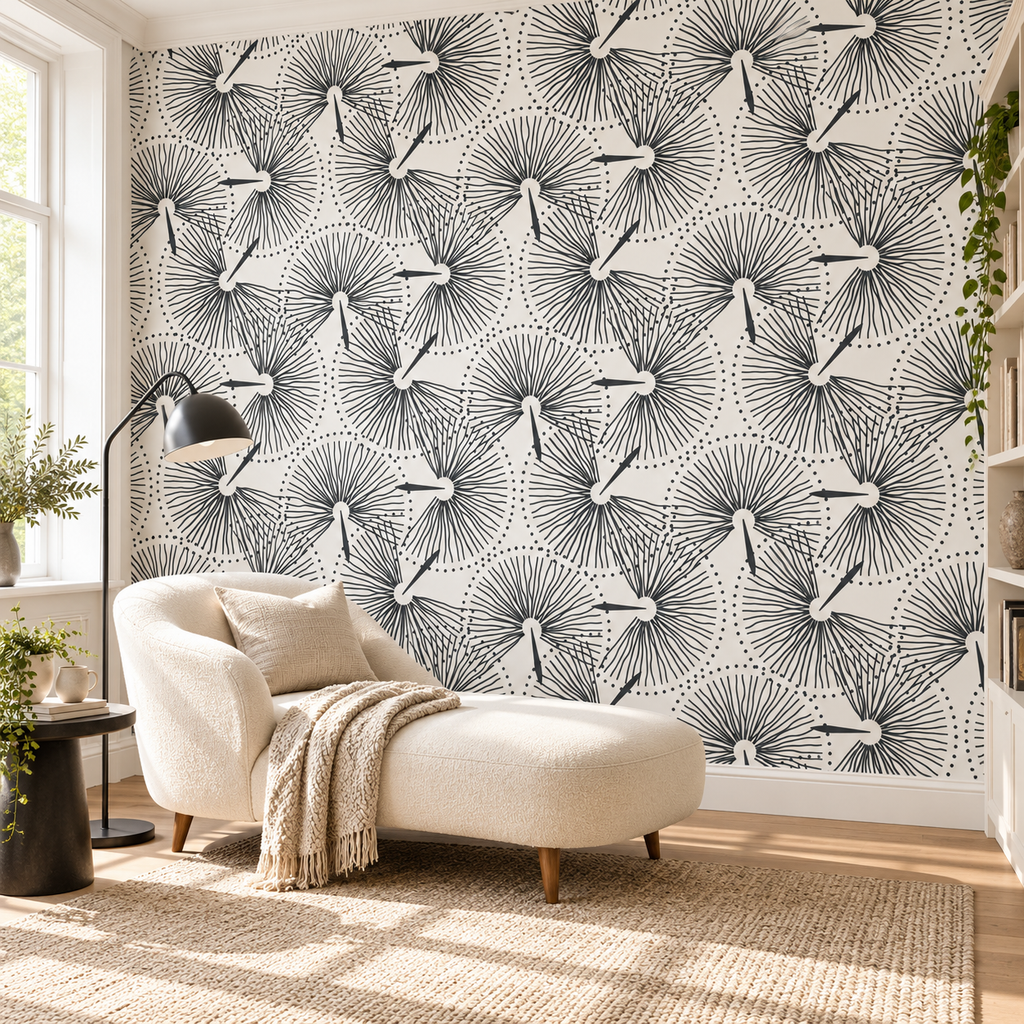 Ink Bursts, peel and stick wallpaper styled on a feature wall
