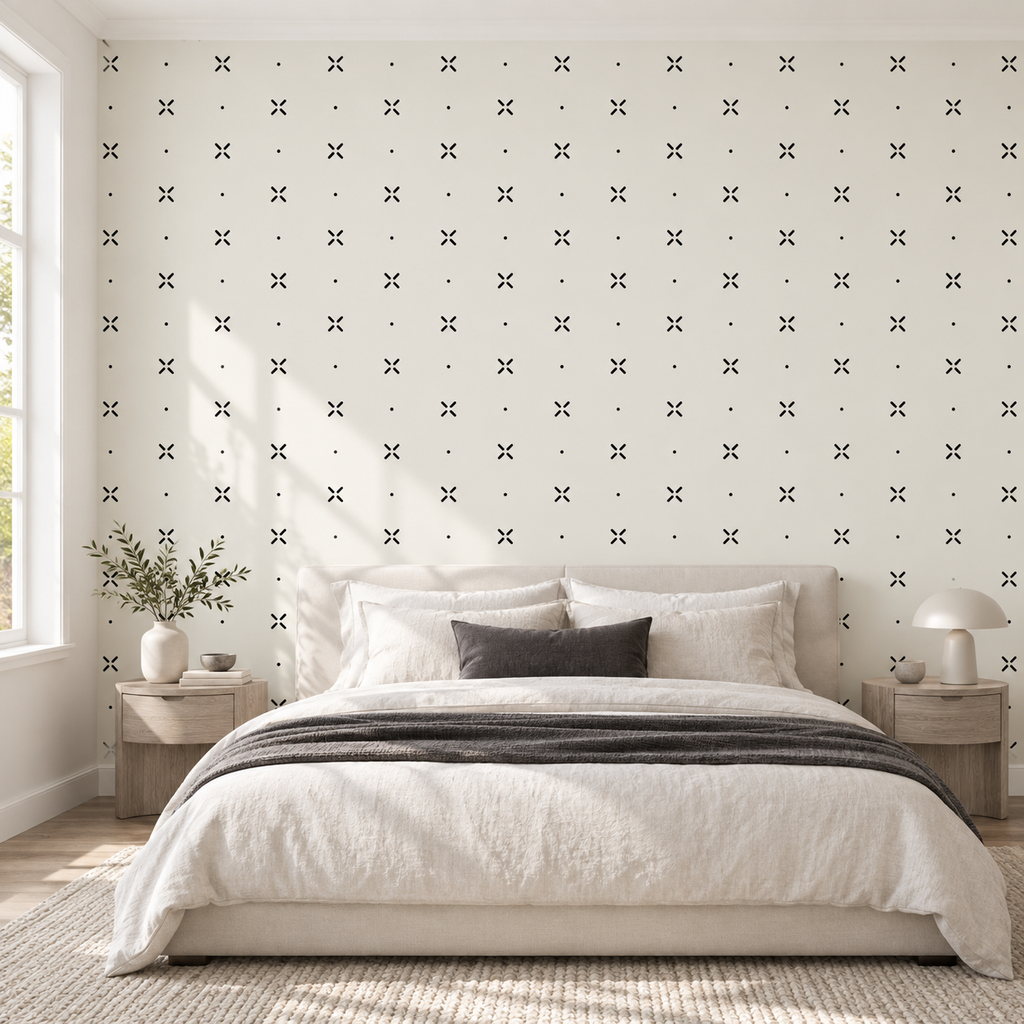Ink Crosses, peel and stick wallpaper styled on a feature wall