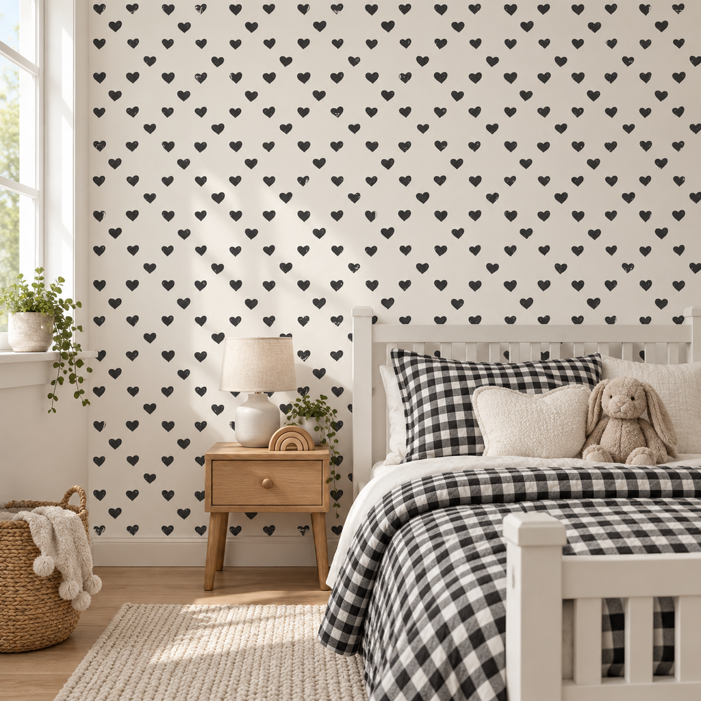 Ink Hearts peel and stick wallpaper styled on a feature wall