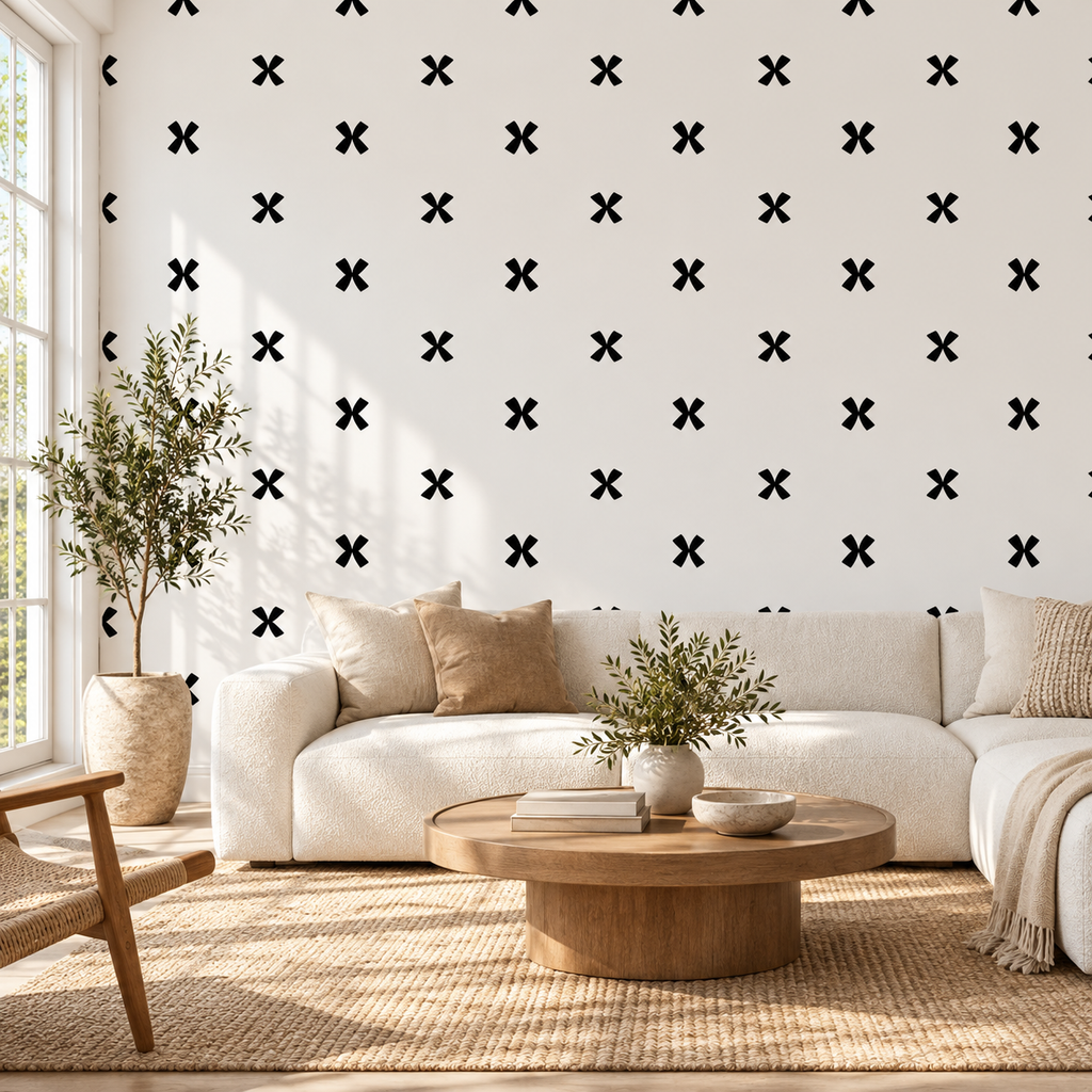 Ink Petals, peel and stick wallpaper styled on a feature wall