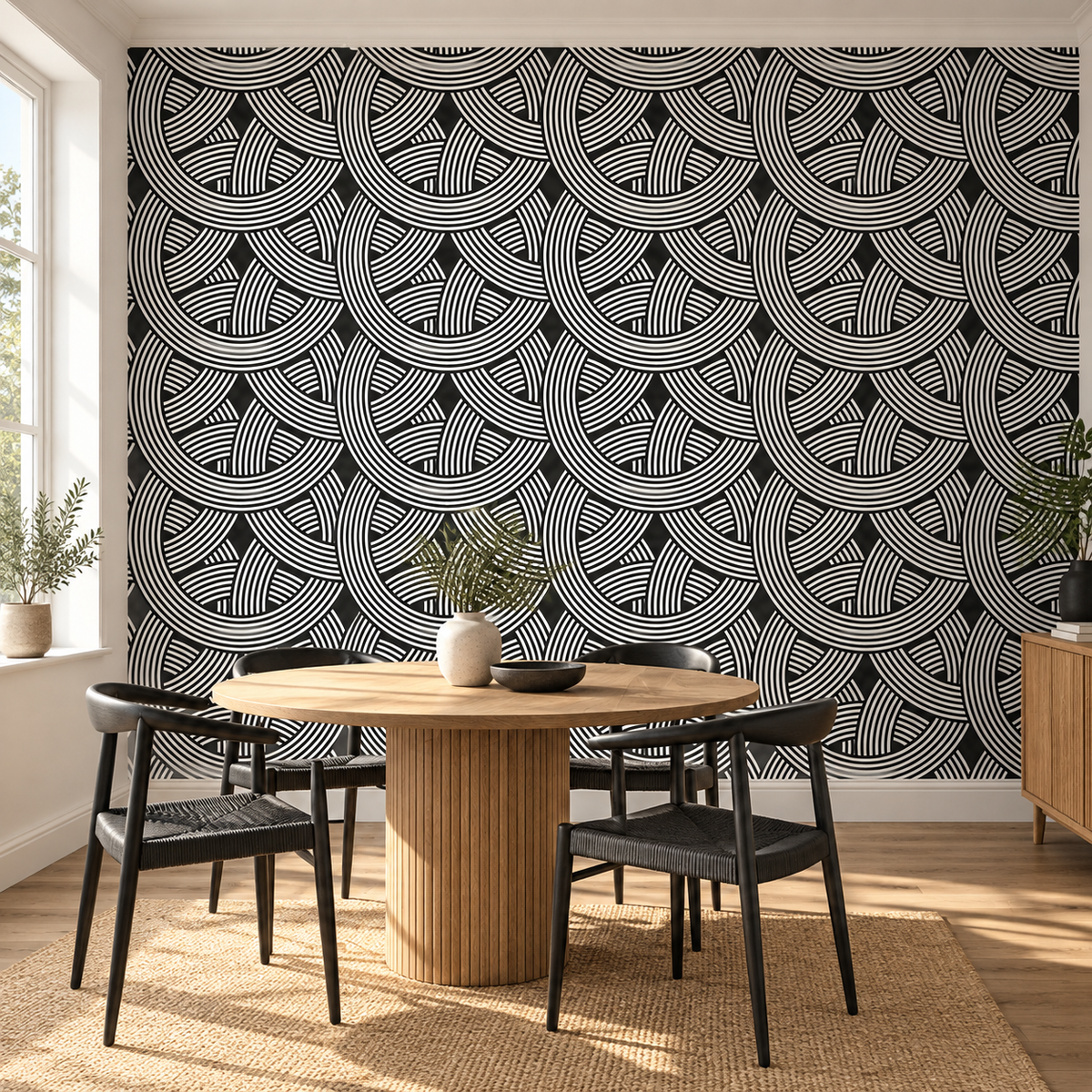 Interlock Arches, peel and stick wallpaper styled on a feature wall