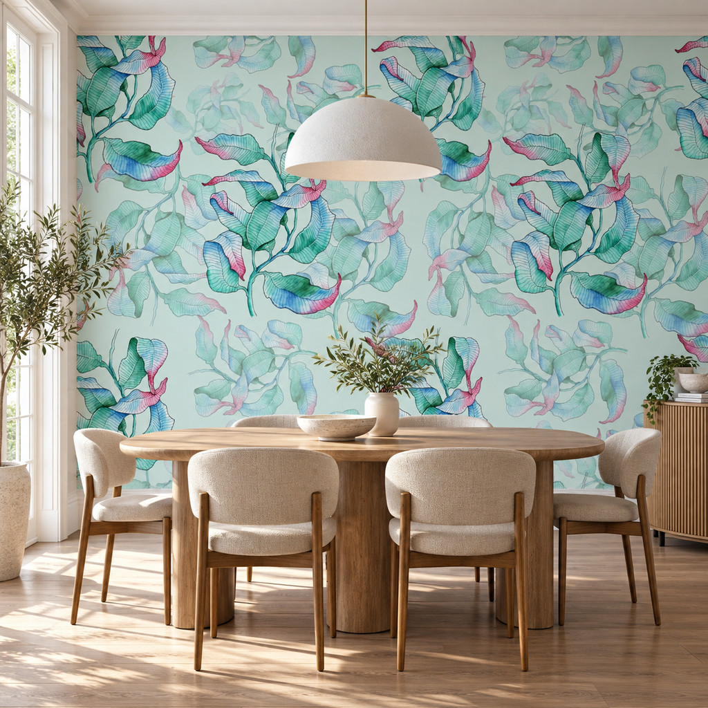 Iridescent Leaves, peel and stick wallpaper styled on a feature wall