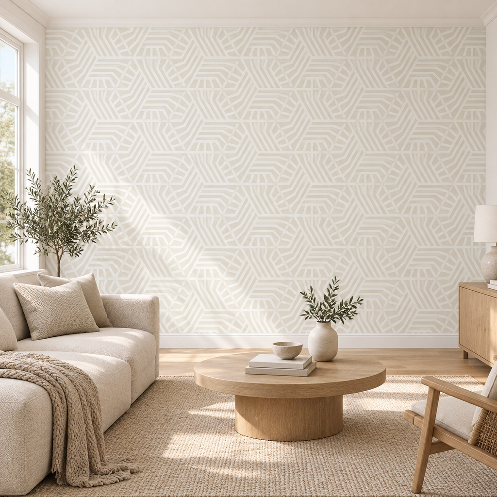 Ivory Geometry, peel and stick wallpaper styled on a feature wall