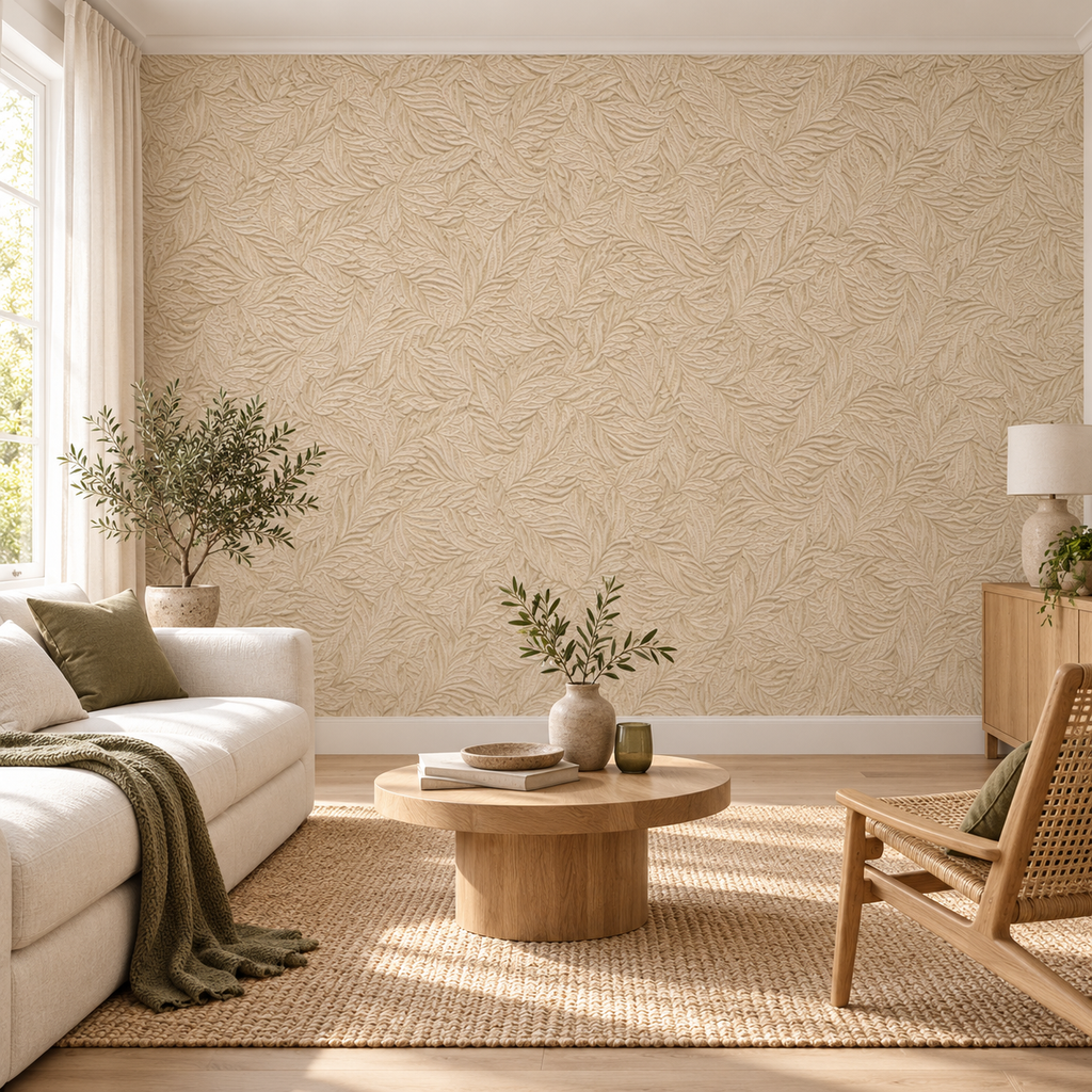 Ivory Leaf, peel and stick wallpaper styled on a feature wall