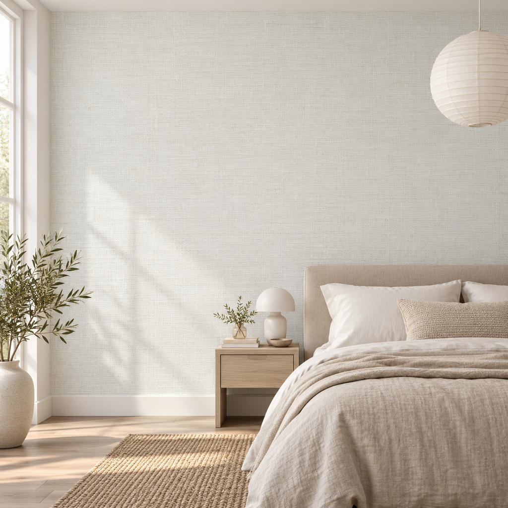Ivory Linen, peel and stick wallpaper styled on a feature wall