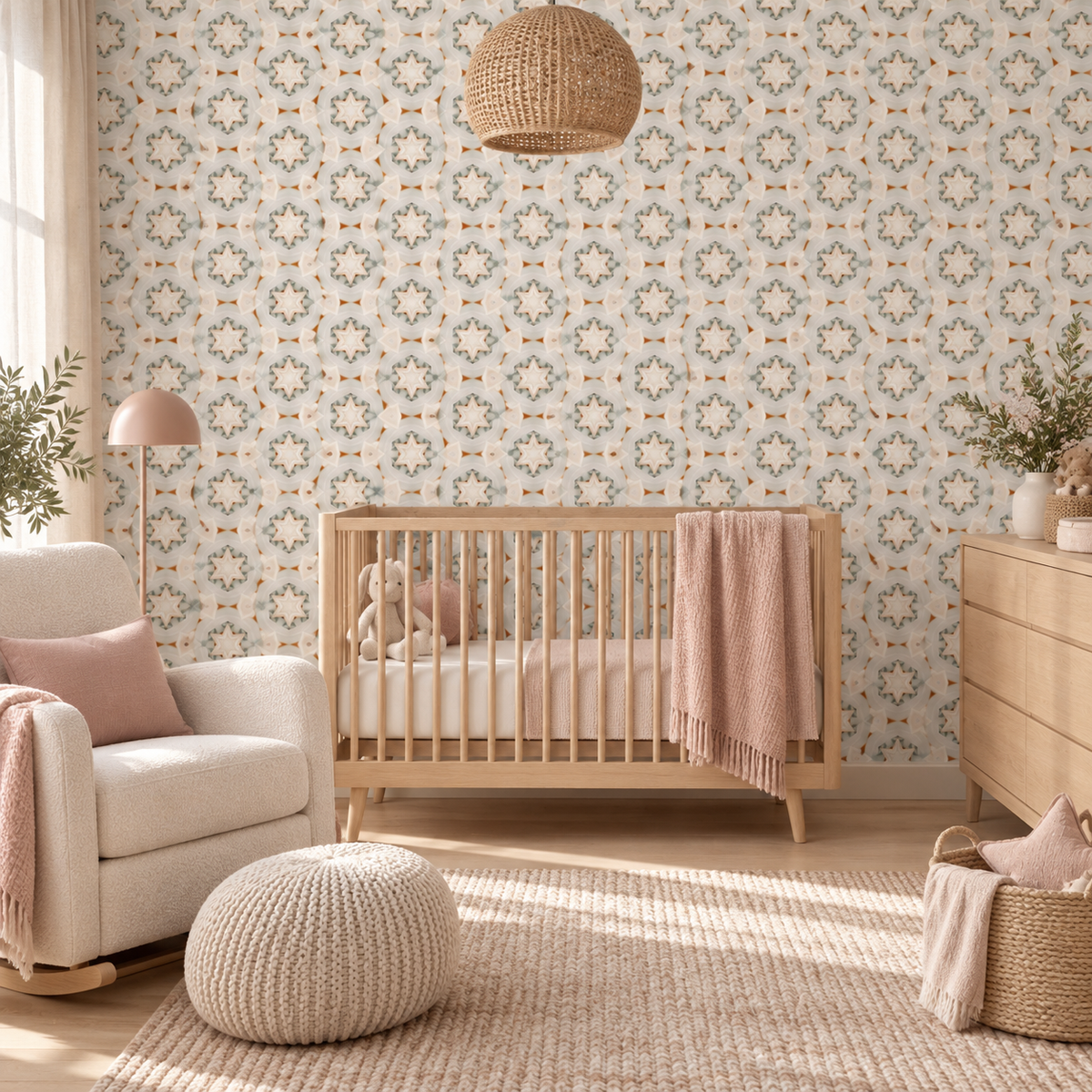 Ivory Mosaic peel and stick wallpaper styled on a feature wall