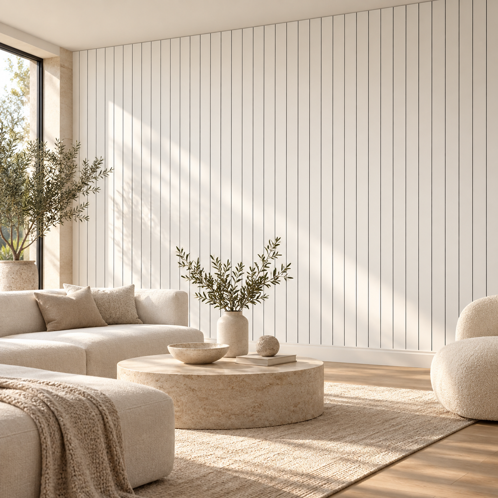 Ivory Panels, peel and stick wallpaper styled on a feature wall