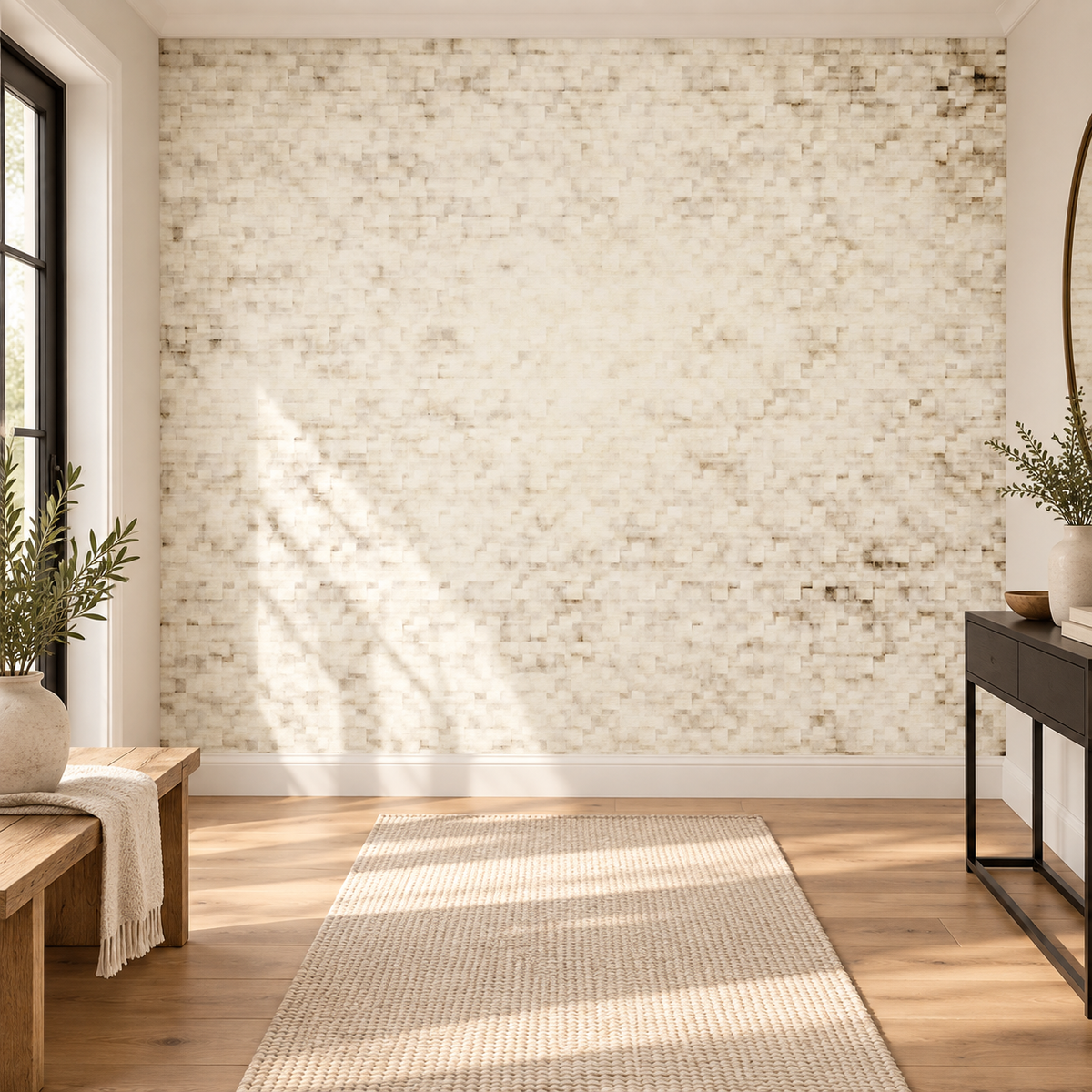 Ivory Pixels, peel and stick wallpaper styled on a feature wall