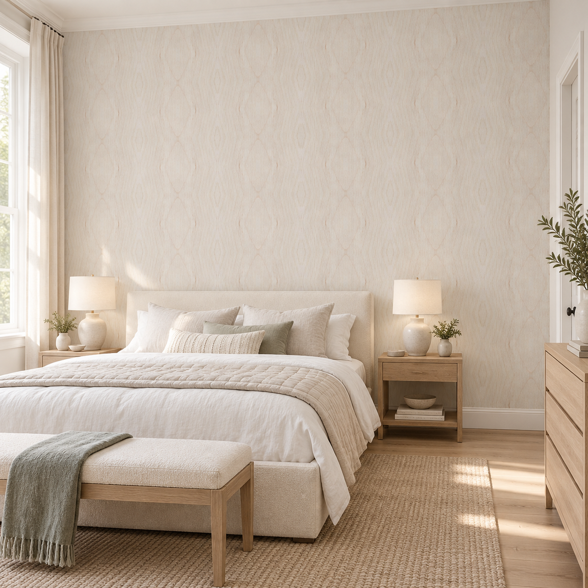 Ivory Quilt, peel and stick wallpaper styled on a feature wall
