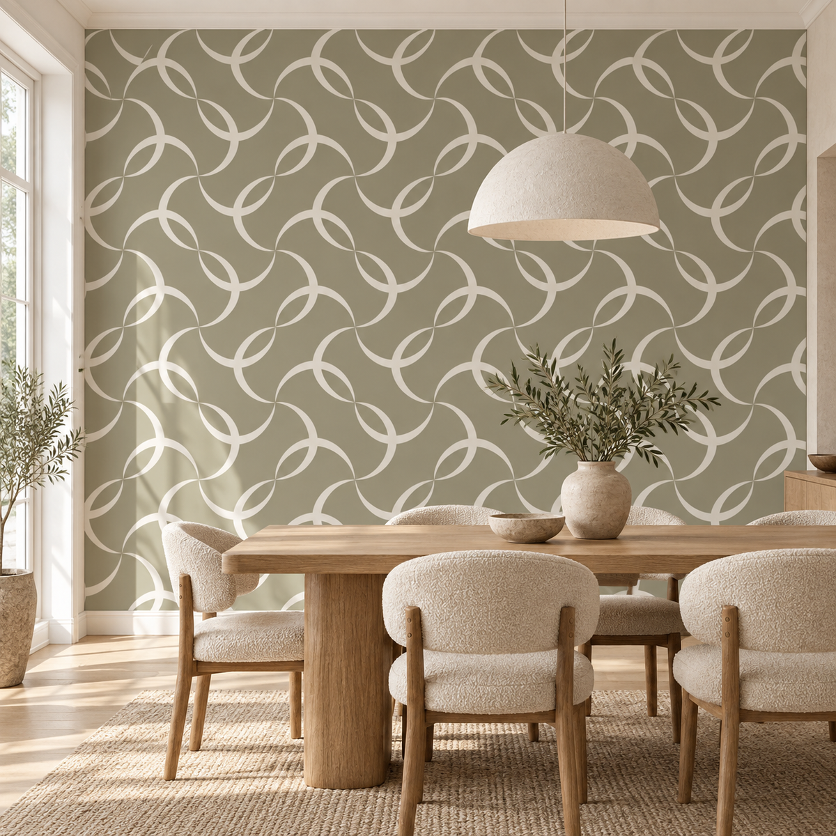 Ivory Rings, peel and stick wallpaper styled on a feature wall