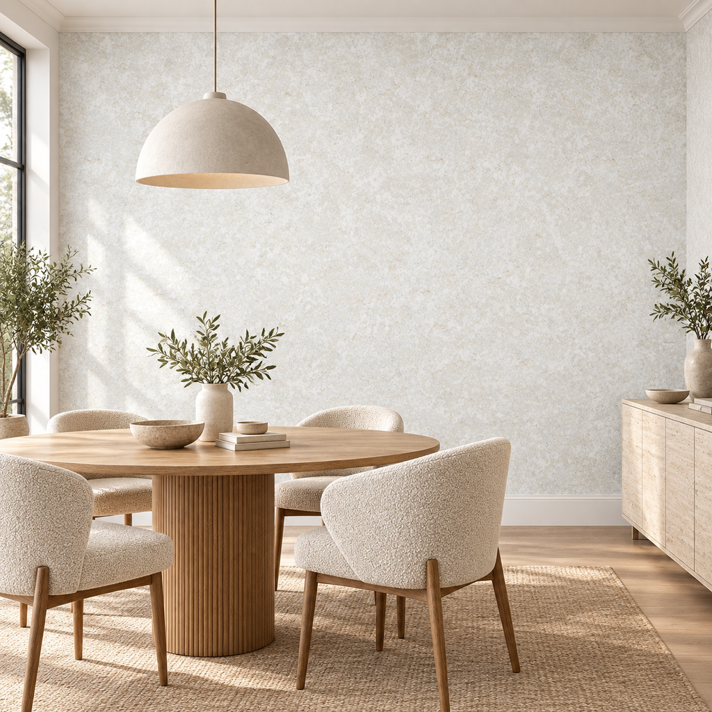 Ivory Stone, peel and stick wallpaper styled on a feature wall