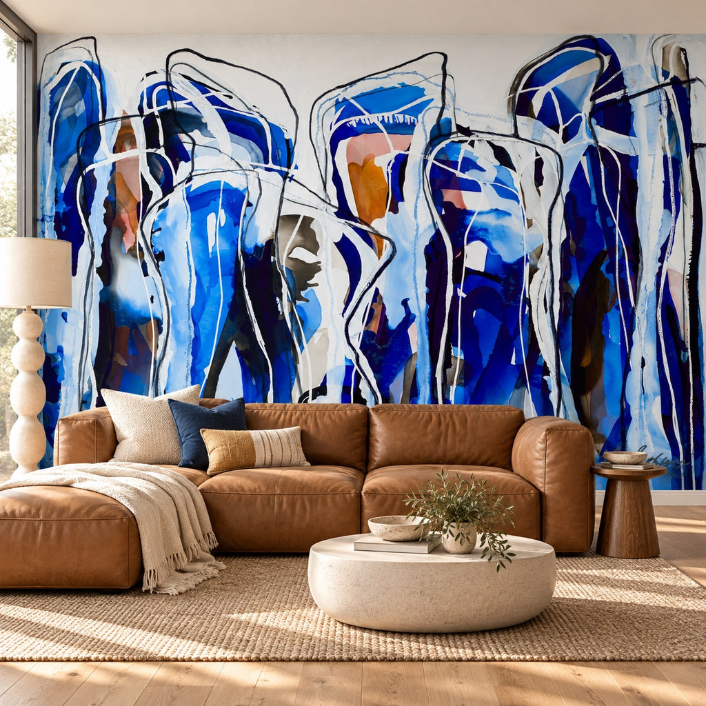 Jelly Blue mural by Lara Scolari, peel and stick wallpaper styled in a room