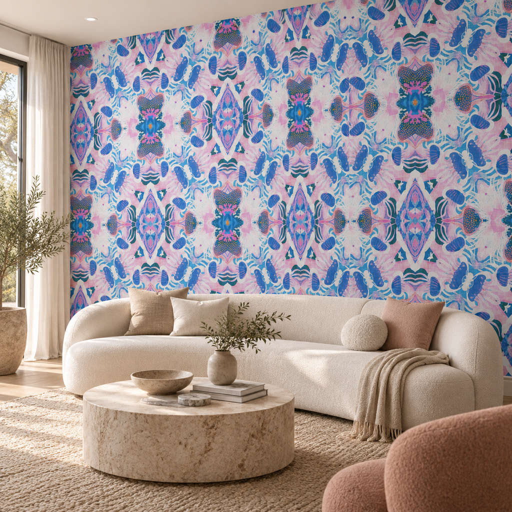 Jellyfish Bloom, peel and stick wallpaper styled on a feature wall