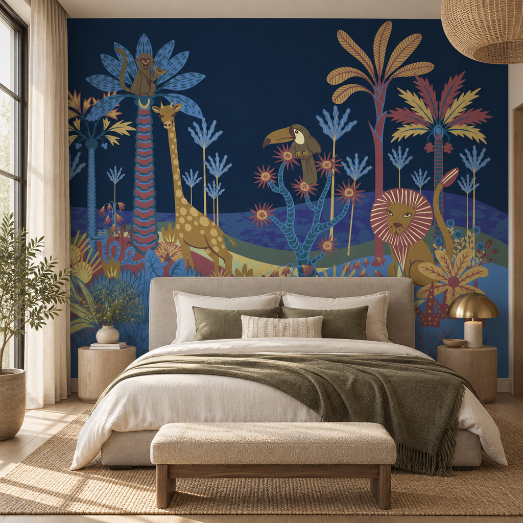 Jungle Parade, peel and stick wallpaper styled on a feature wall