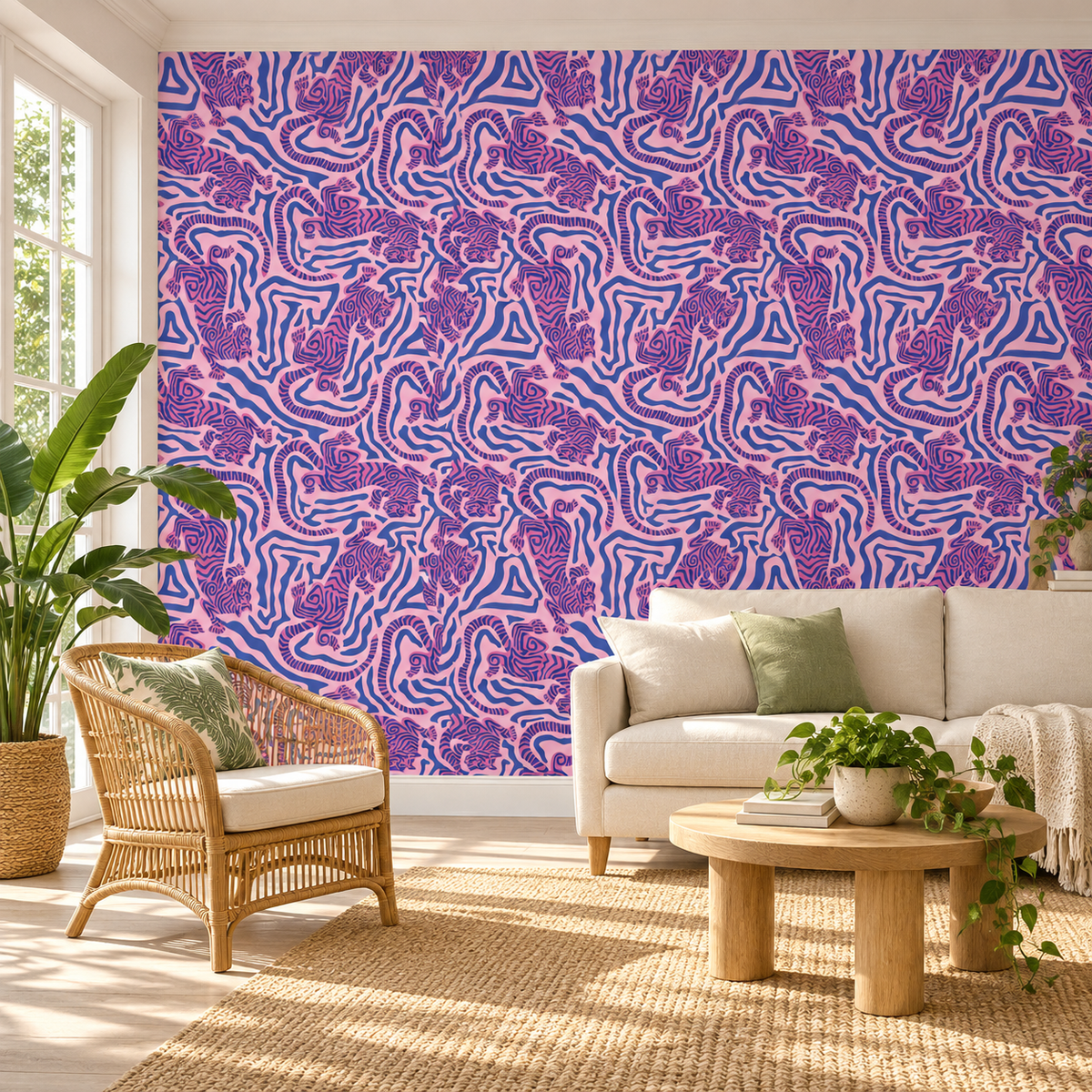 Jungle Whimsy, peel and stick wallpaper styled on a feature wall