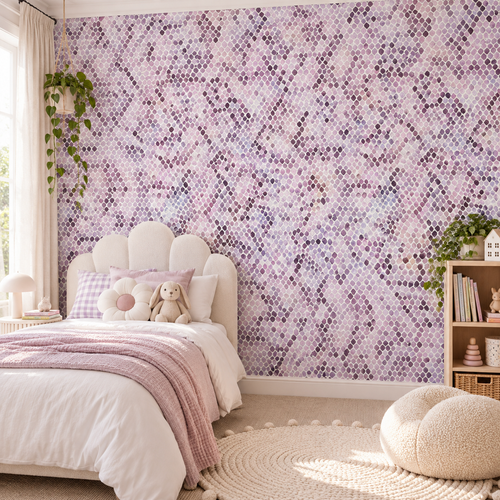 Amethyst Scales peel and stick wallpaper styled on a feature wall