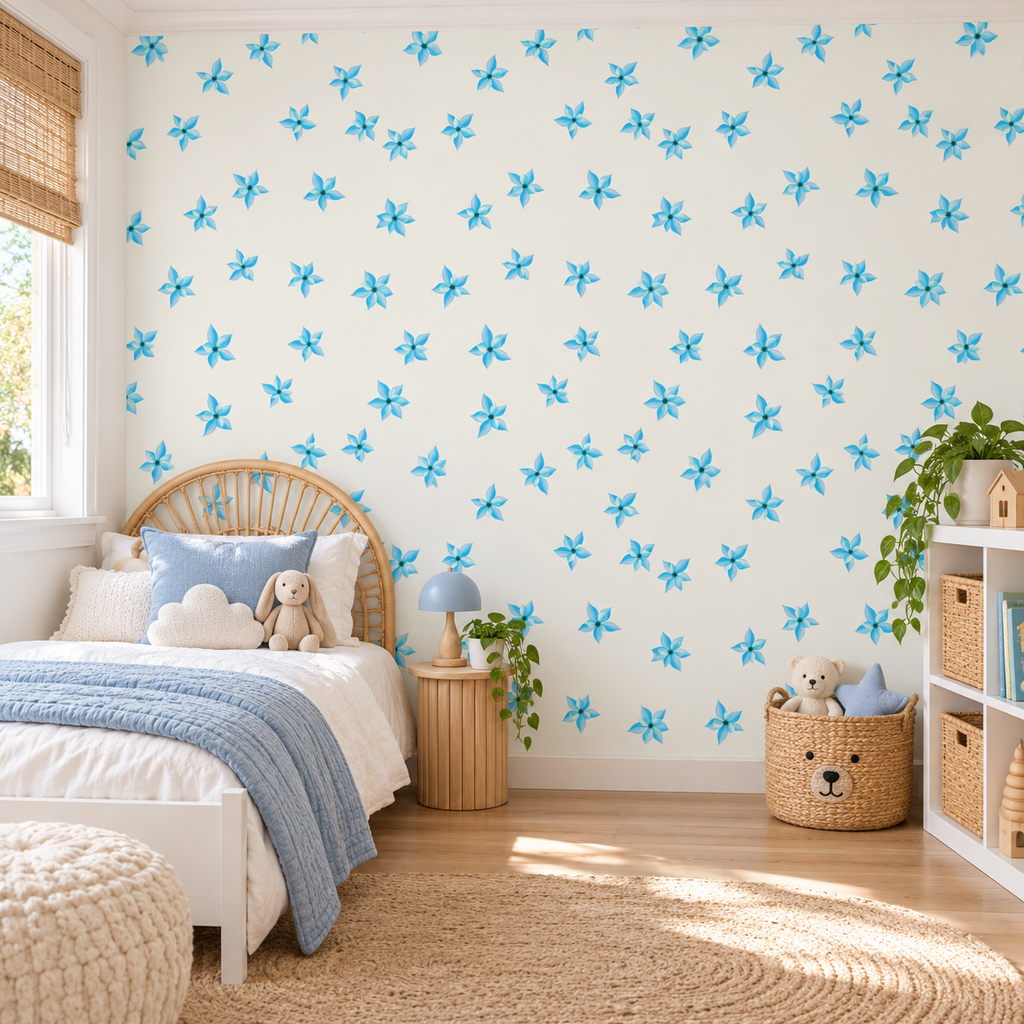 Aqua Blossoms peel and stick wallpaper styled on a feature wall