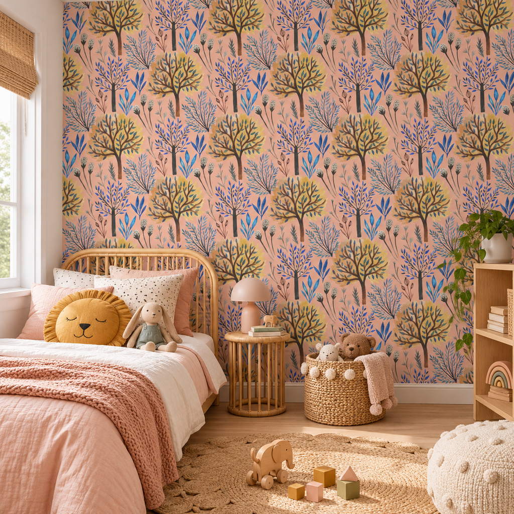 Autumn Grove peel and stick wallpaper styled on a feature wall