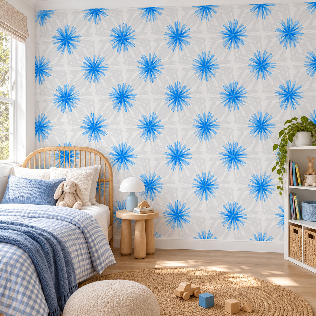 Azure Bursts peel and stick wallpaper styled on a feature wall