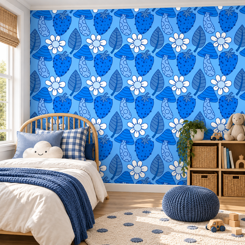 Berry Meadow peel and stick wallpaper styled on a feature wall