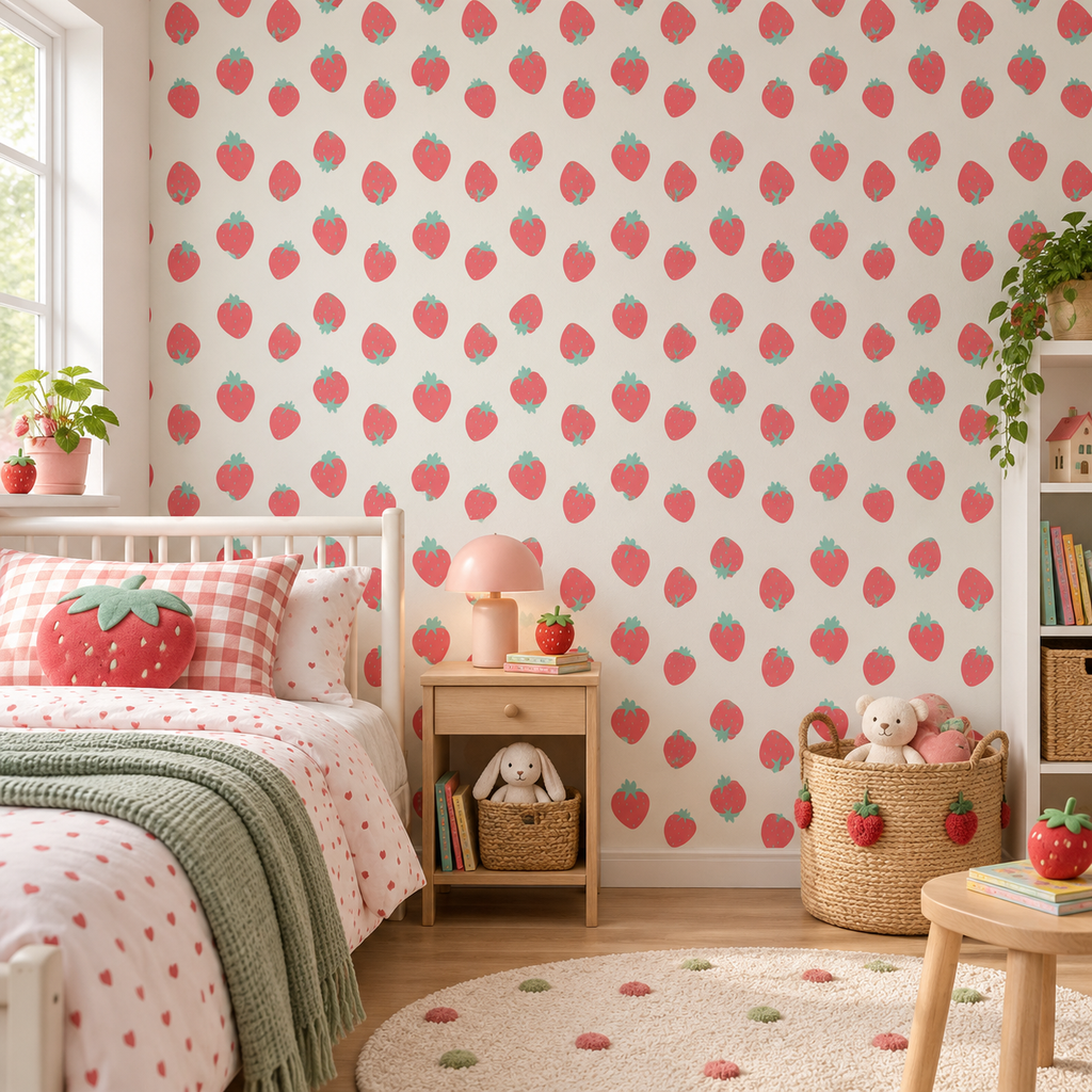 Berry Sprinkle peel and stick wallpaper styled on a feature wall