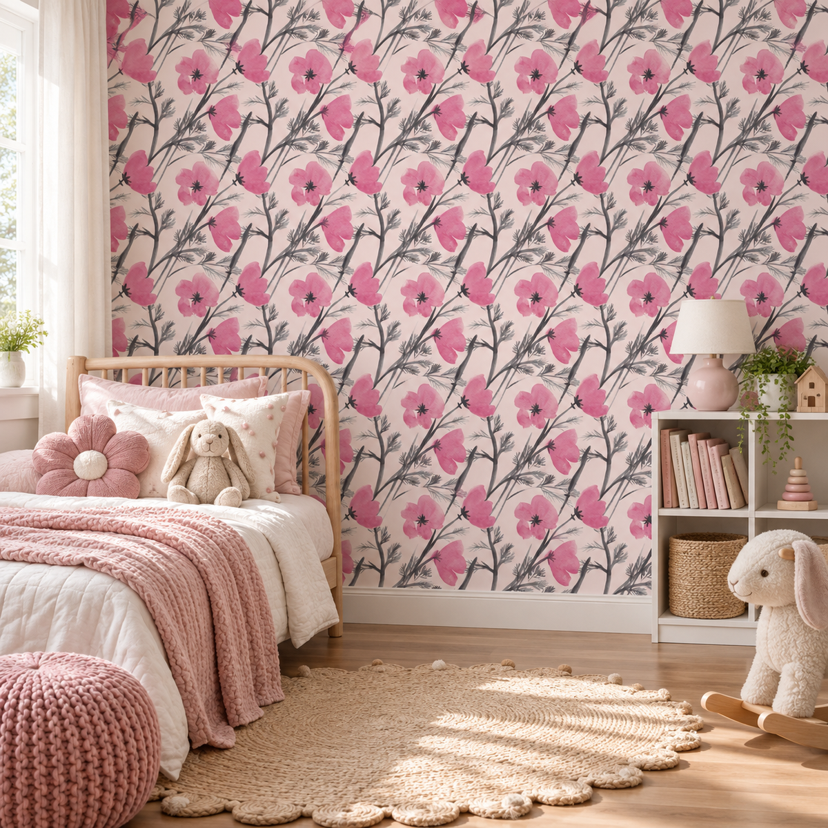 Blush Botanica peel and stick wallpaper styled on a feature wall