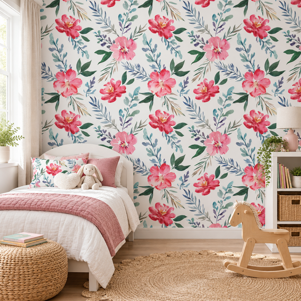 Blush Bloom, peel and stick wallpaper styled on a feature wall