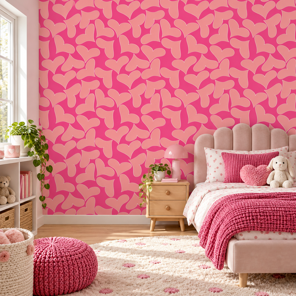 Blush Hearts peel and stick wallpaper styled on a feature wall
