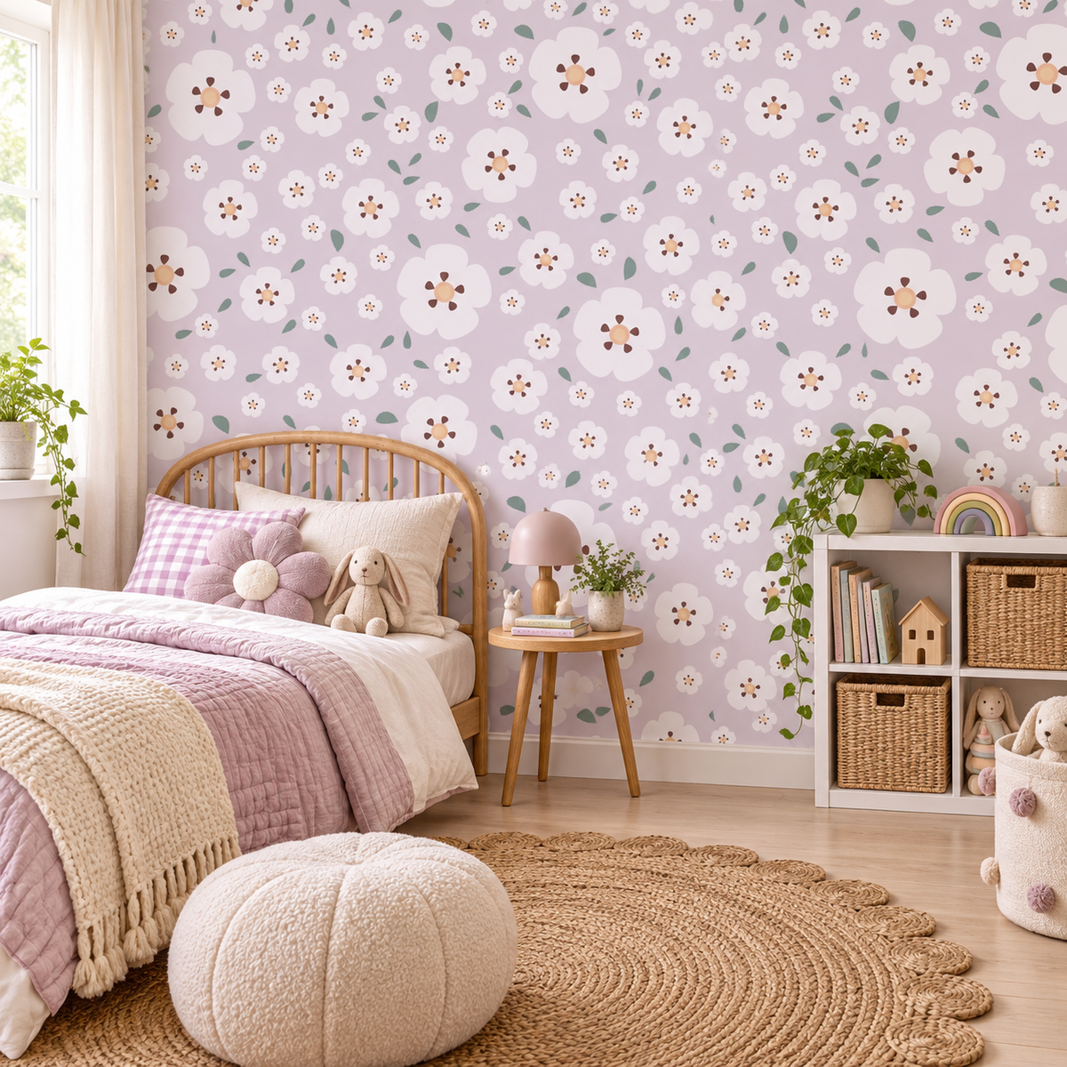 Blush Meadow peel and stick wallpaper styled on a feature wall