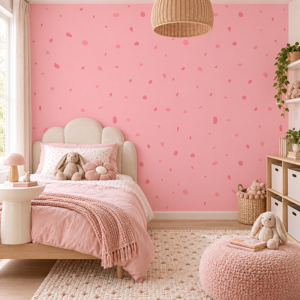 Blush Sprinkle peel and stick wallpaper styled on a feature wall