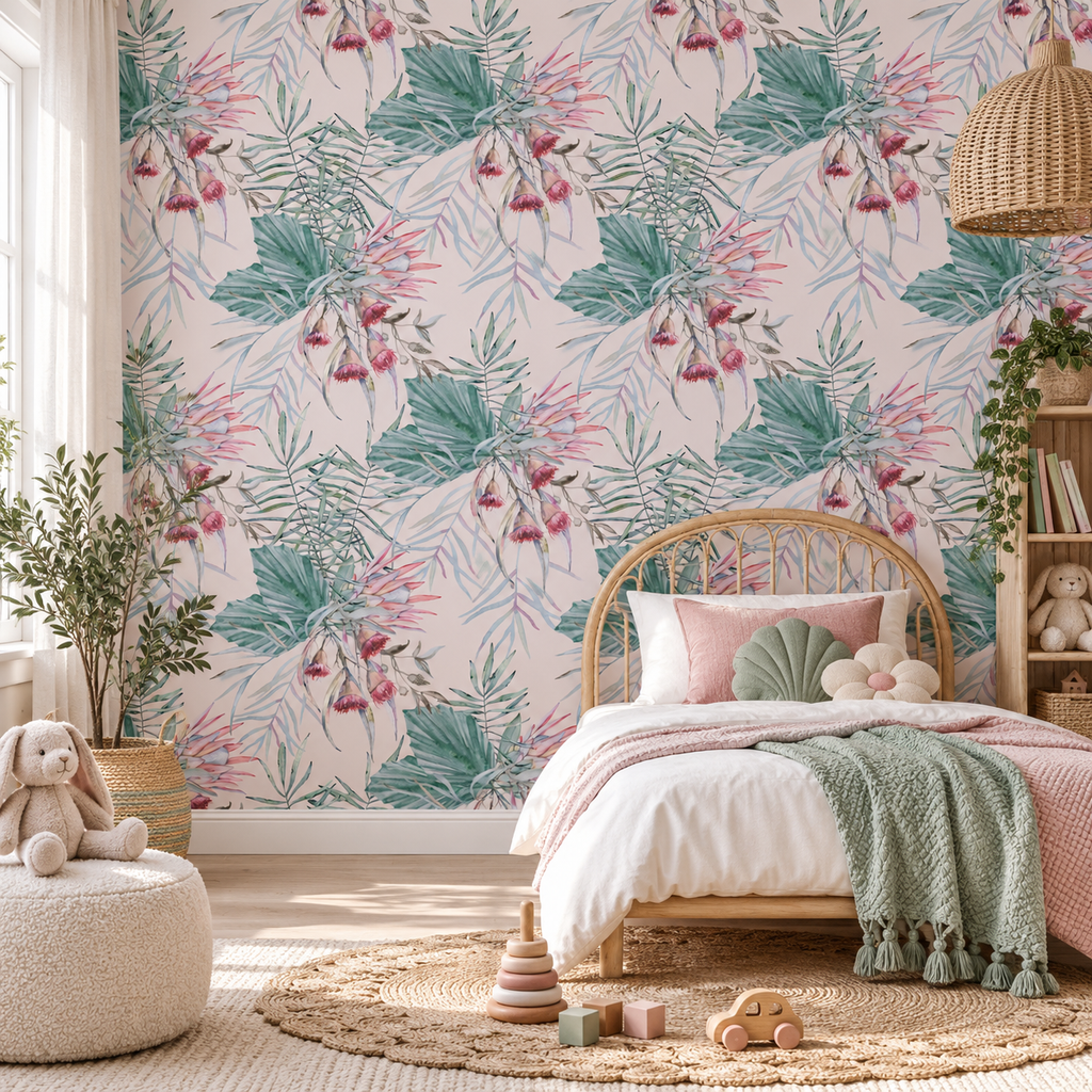 Blush Tropicals peel and stick wallpaper styled on a feature wall
