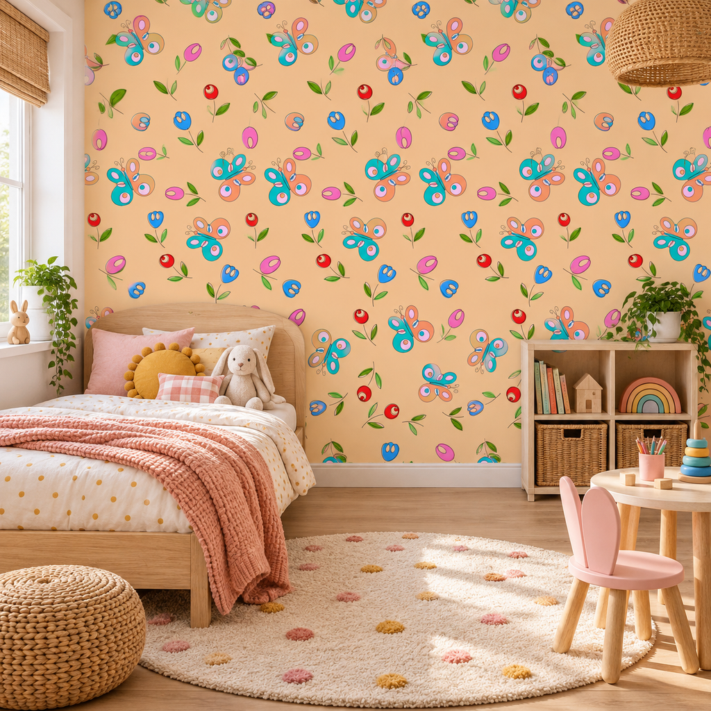 Butterfly Garden peel and stick wallpaper styled on a feature wall