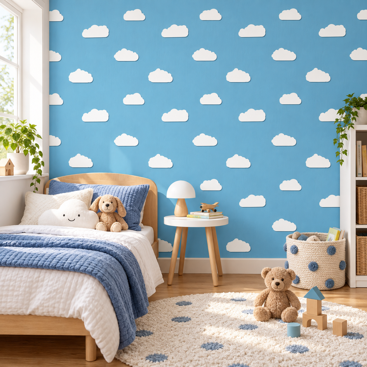 Cloud Drift peel and stick wallpaper styled on a feature wall