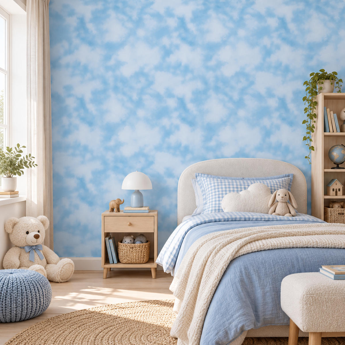 Cloud Sky peel and stick wallpaper mural styled on a feature wall
