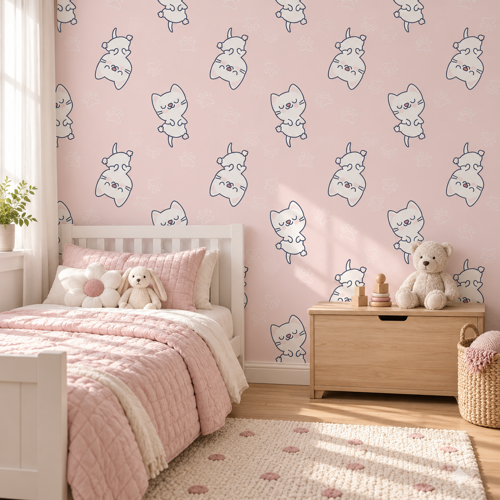 Kitty Dreams peel and stick wallpaper styled on a feature wall
