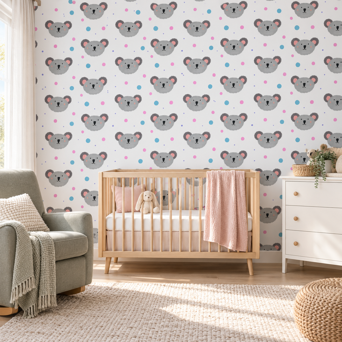 Koala Confetti peel and stick wallpaper styled on a feature wall