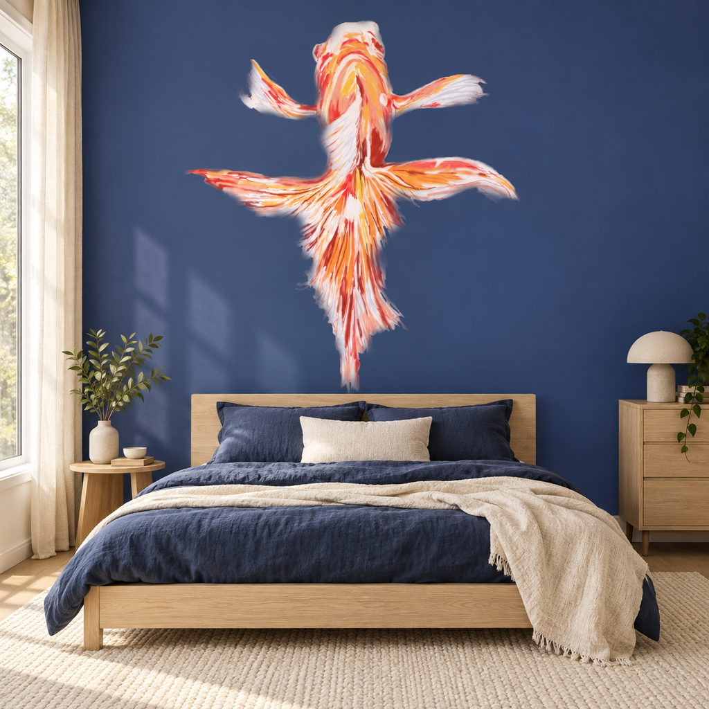 Koi Grace peel and stick wallpaper styled on a feature wall