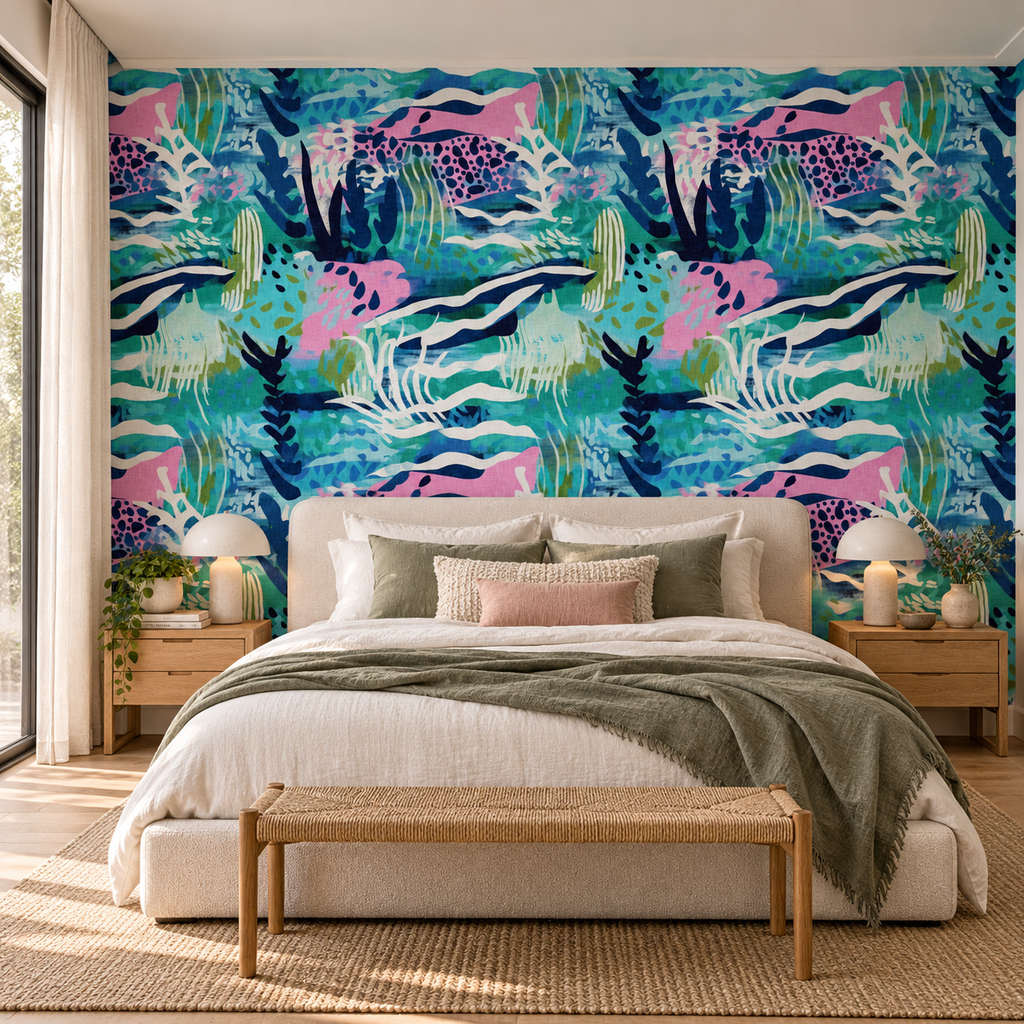 Lagoon Botanica, peel and stick wallpaper styled on a feature wall