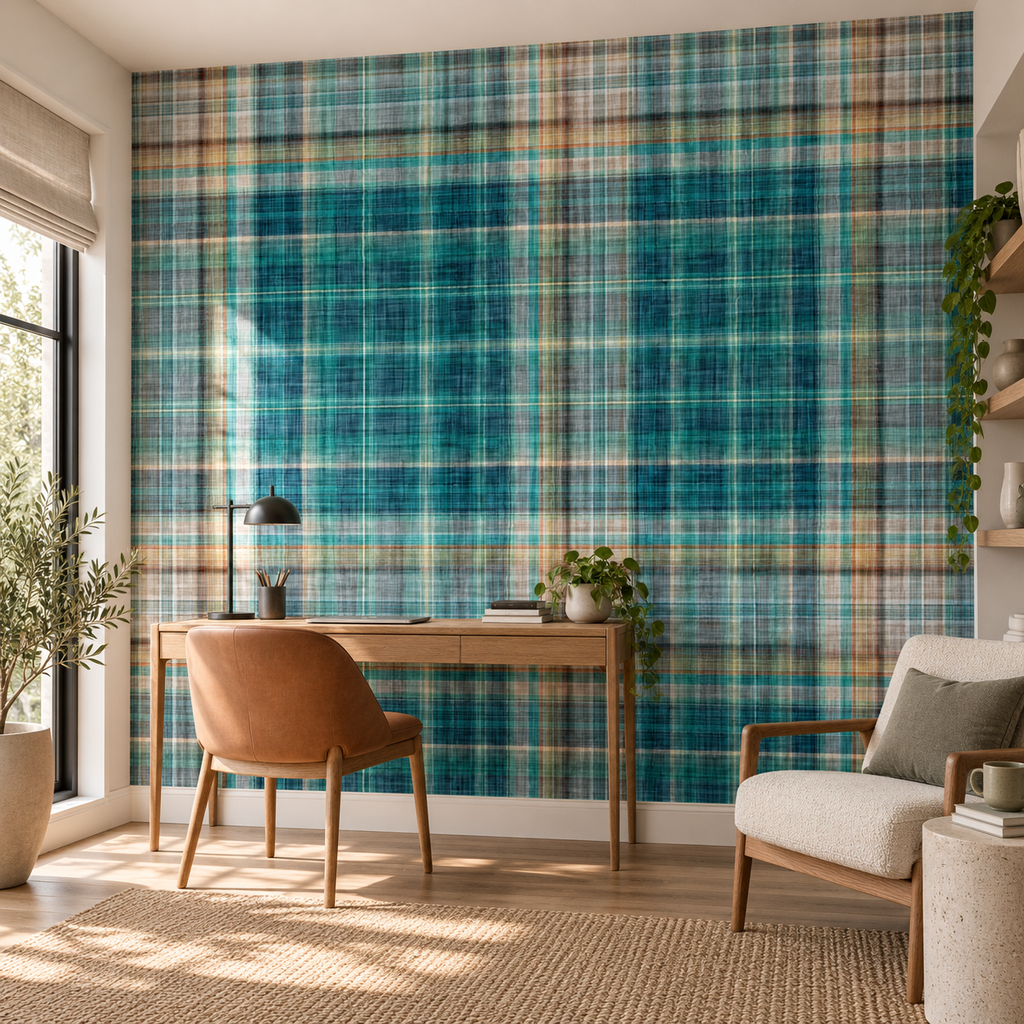 Lagoon Plaid, peel and stick wallpaper styled on a feature wall