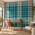 Lagoon Plaid, peel and stick wallpaper styled on a feature wall