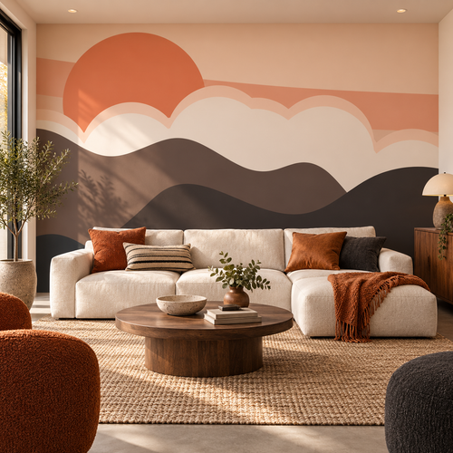 Amber Clouds peel and stick wallpaper mural styled on a feature wall