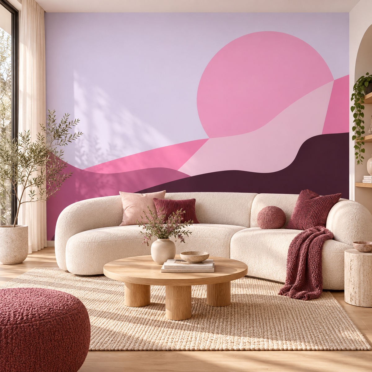 Blush Terrain peel and stick wallpaper mural styled on a feature wall