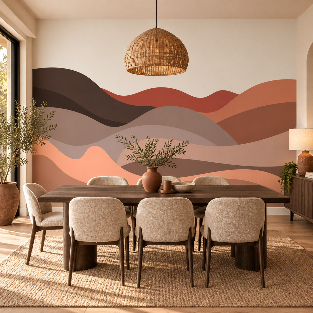 Clay Horizon peel and stick wallpaper mural styled on a feature wall